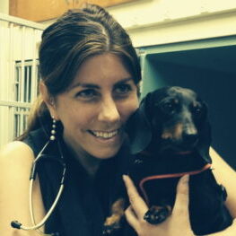 A photo of veterinary oncologist Brooke Britton, smiling and holding a black dachshund dog.